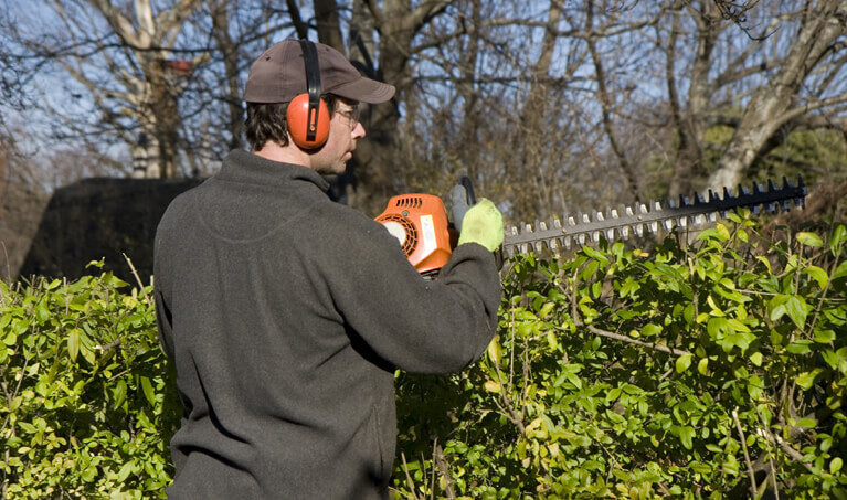 Homeowner trimming shrubs while wearing safety equipment