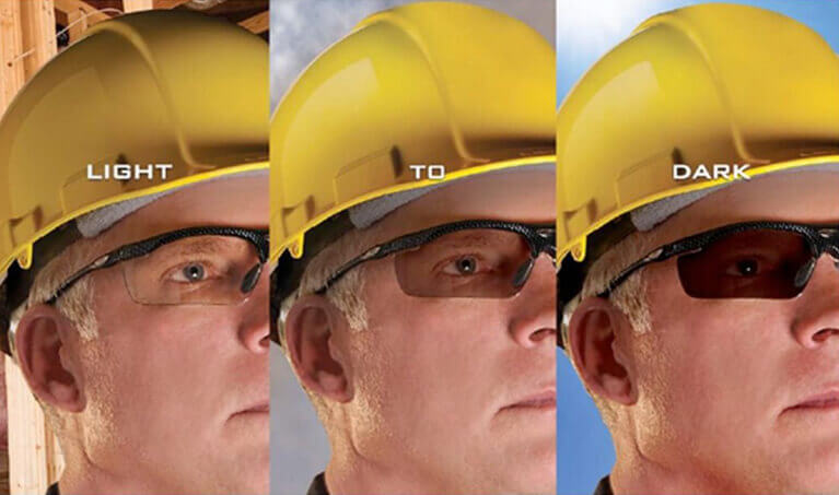 Example of photochromic safety glasses lenses adjusting from light to dark
