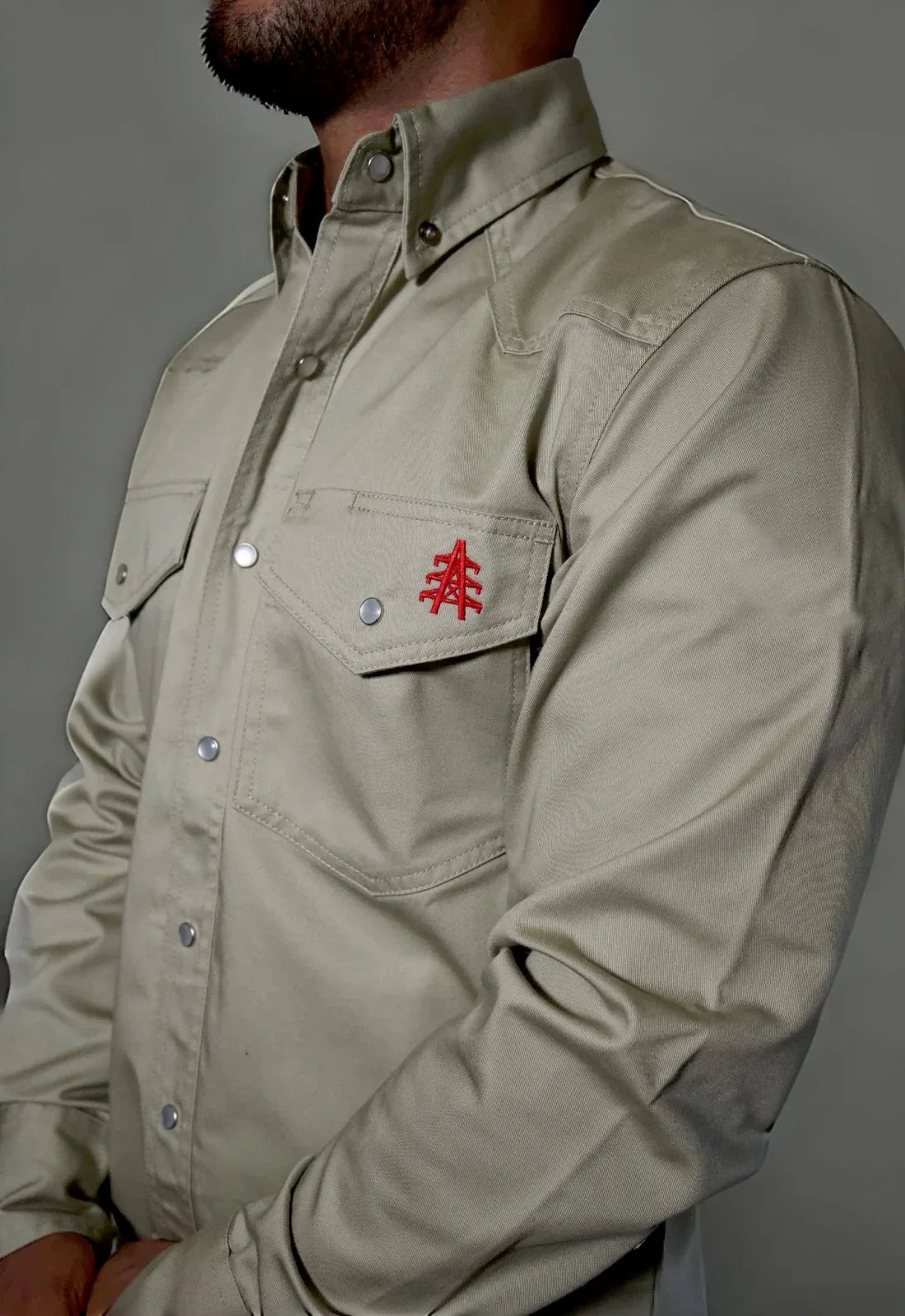 Static FR Flame-Resistant Western Style Pearl Snap Work Shirt - Khaki