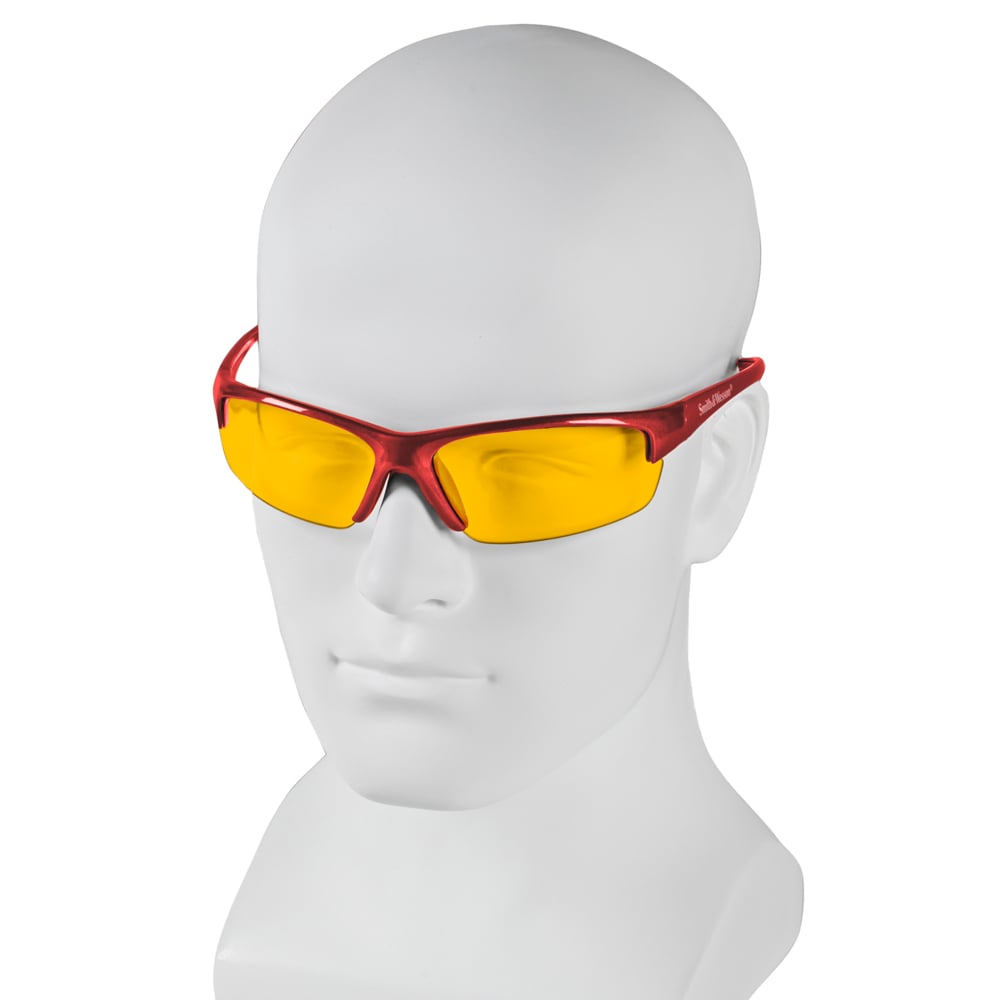 Smith & Wesson Equalizer 21299 Safety Glasses with Red Frame and Amber Lenses worn on display