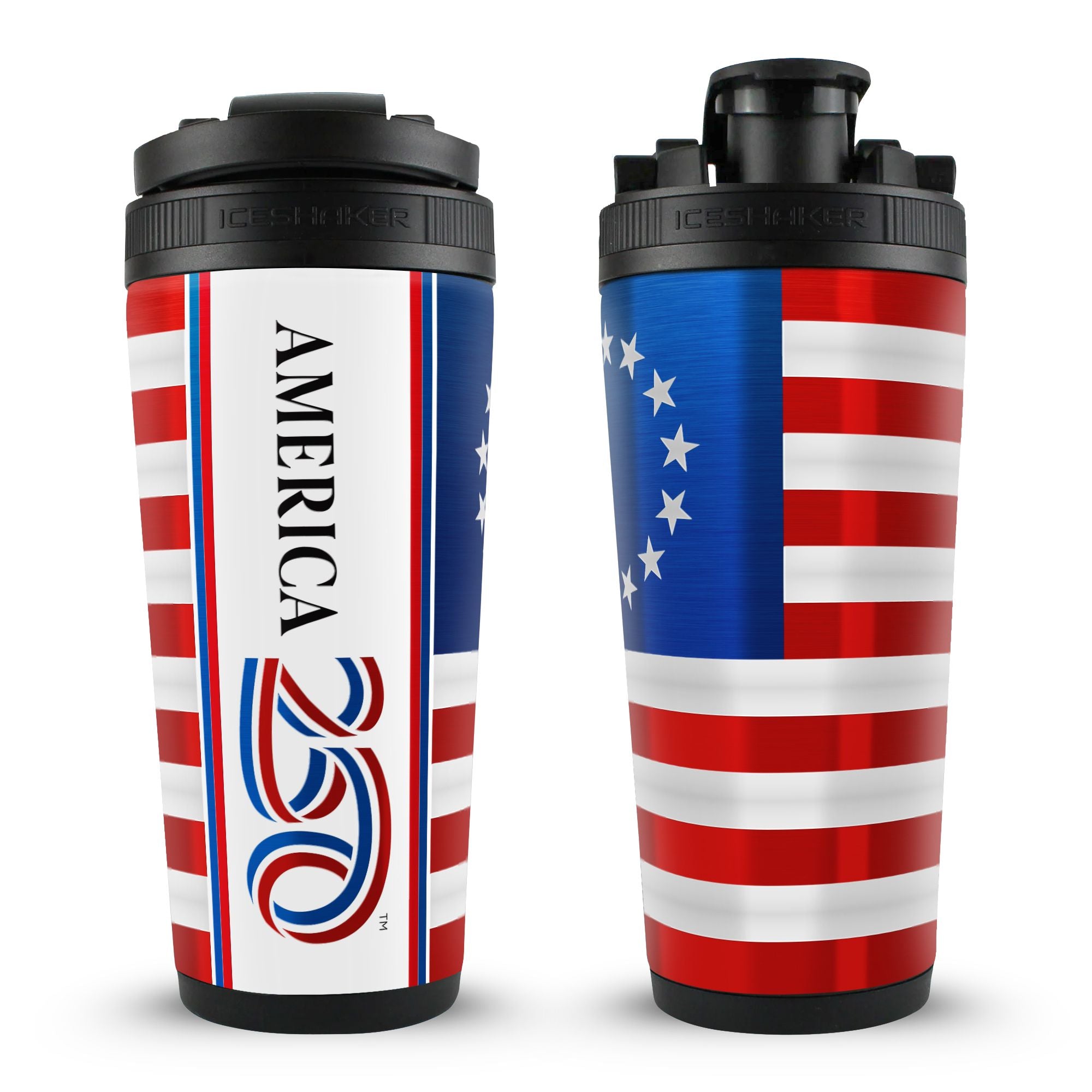 26oz Ice Shaker bottle featuring red, white, and blue America 250 and Betsy Ross flag designs with a black leak-proof lid.
