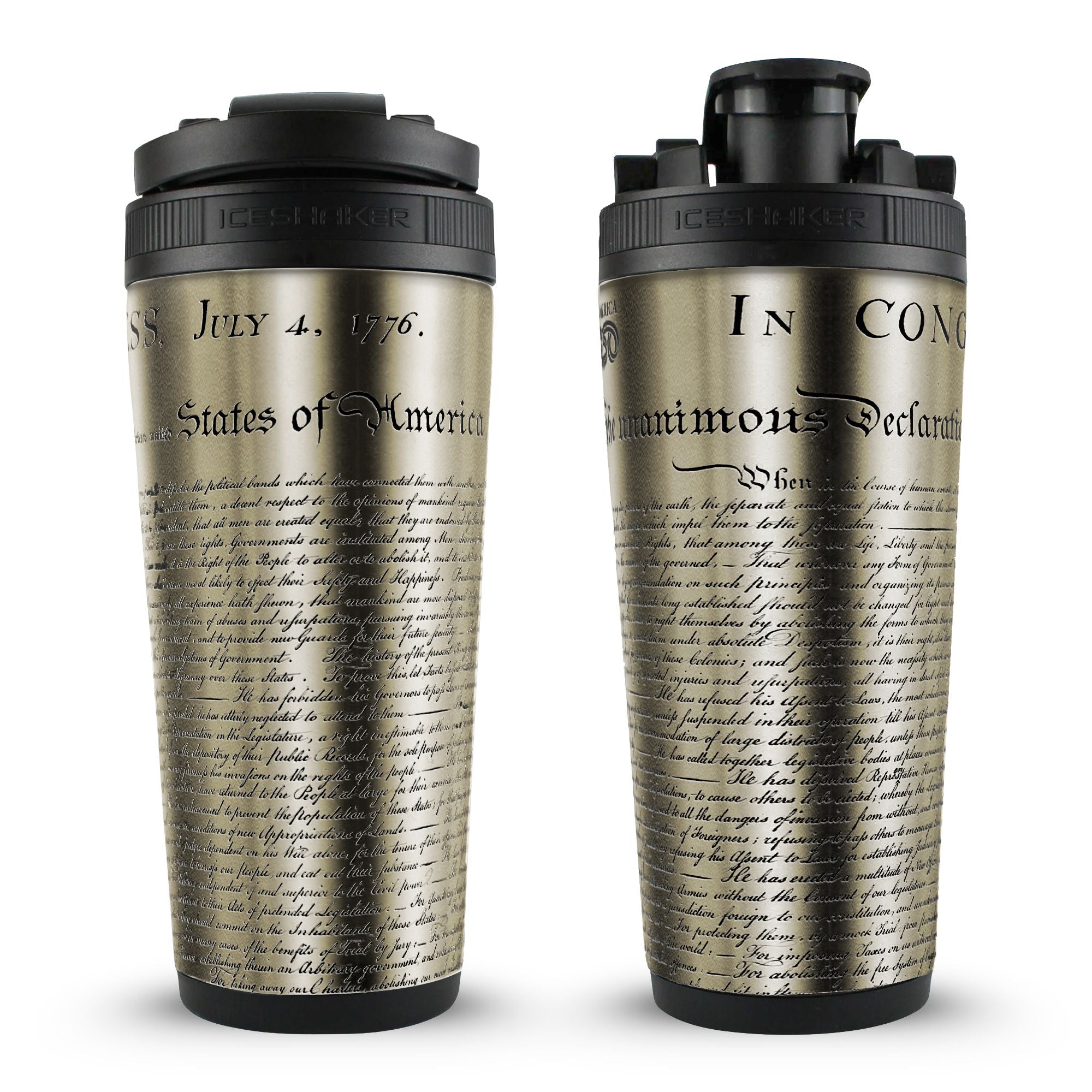26oz stainless steel Ice Shaker bottle featuring a gold finish with the Declaration of Independence text and black lid.