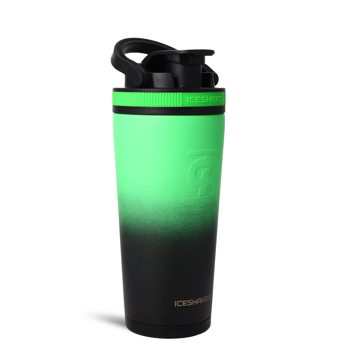 26oz Ice Shaker bottle featuring a neon green to black ombre stainless steel finish and a black leak-proof lid.