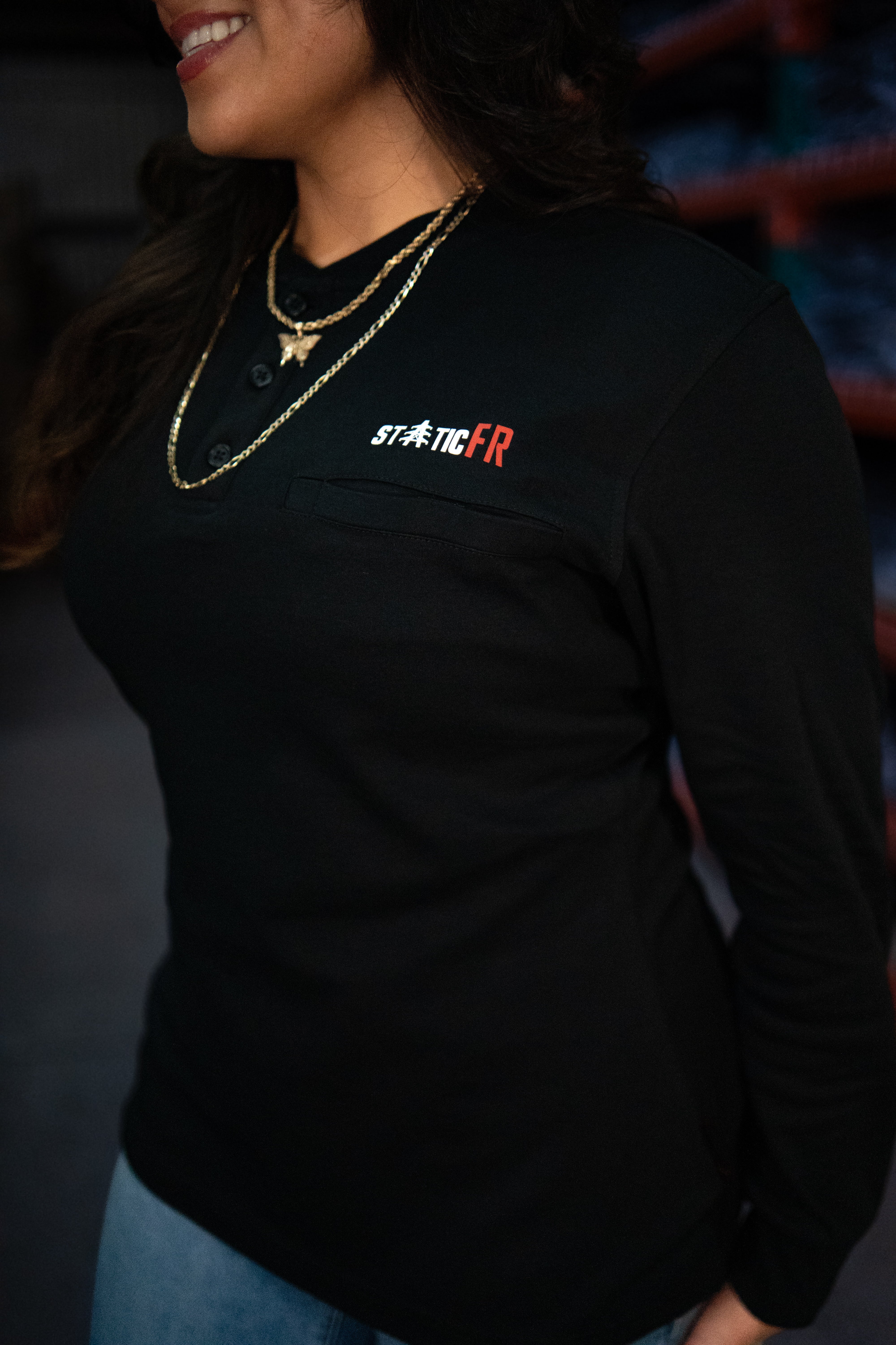 Static FR Women's Flame-Resistant 3-Button Henley Work Shirt - Black