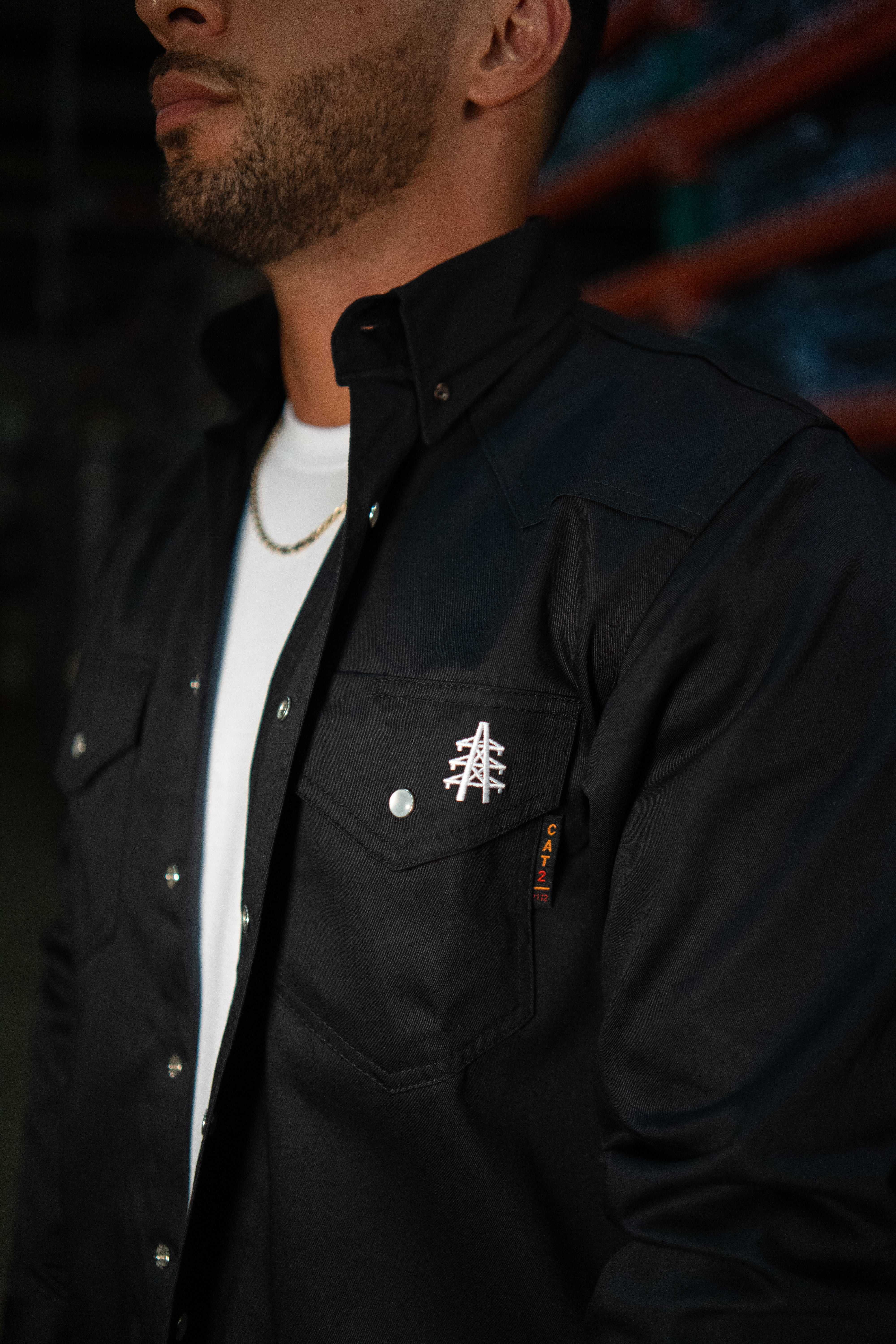 Static FR Flame-Resistant Western Style Pearl Snap Work Shirt - Black