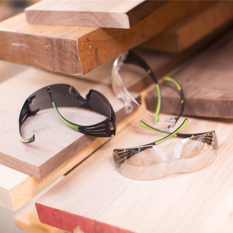 3M SecureFit Safety Glasses on a stack of wood