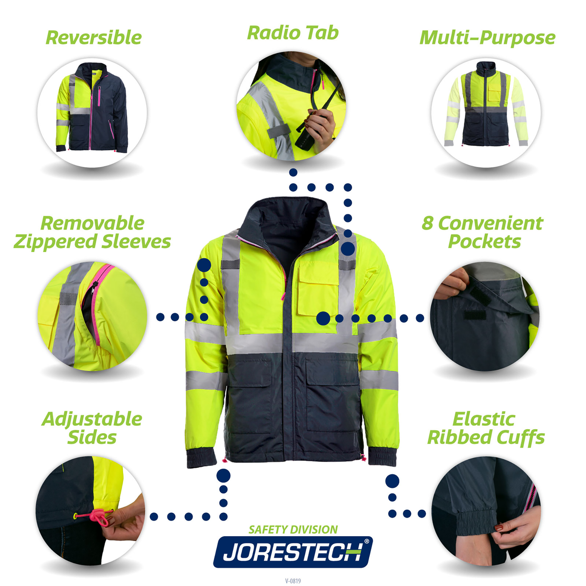 Jorestech Women's 4-in-1 Hi-Vis Reversible Safety Jacket with Removable Sleeves