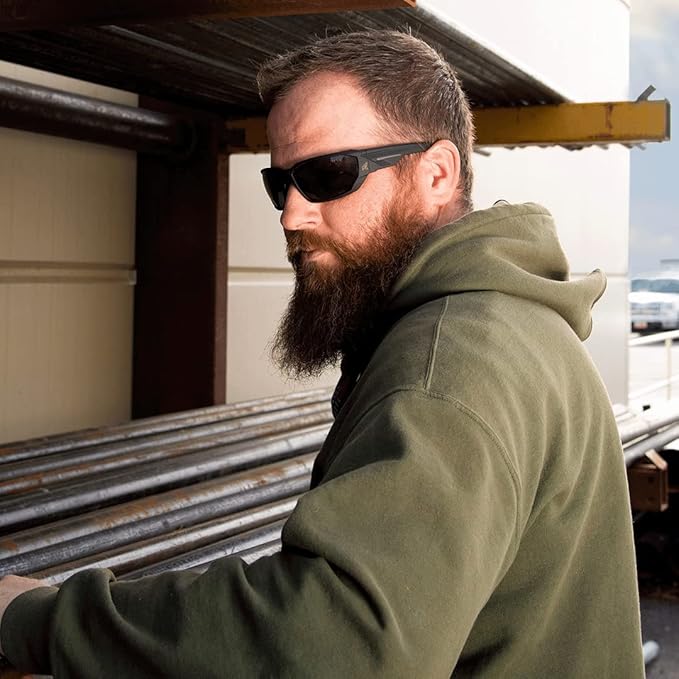 Edge Dawson Safety Glasses with Smoke Vapor Shield Anti-Fog Lenses worn on the jobsite