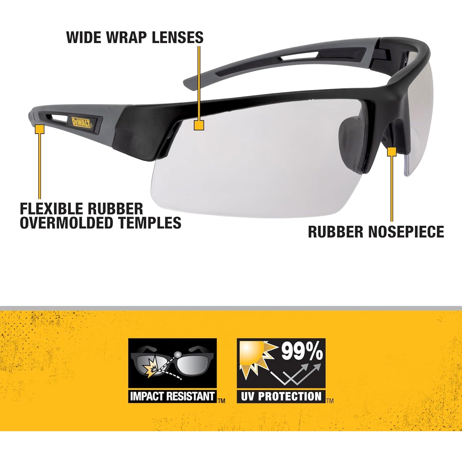 DeWalt Crosscut DPG100-9 Safety Glasses Black Frame with Indoor-Outdoor Lenses Key Features