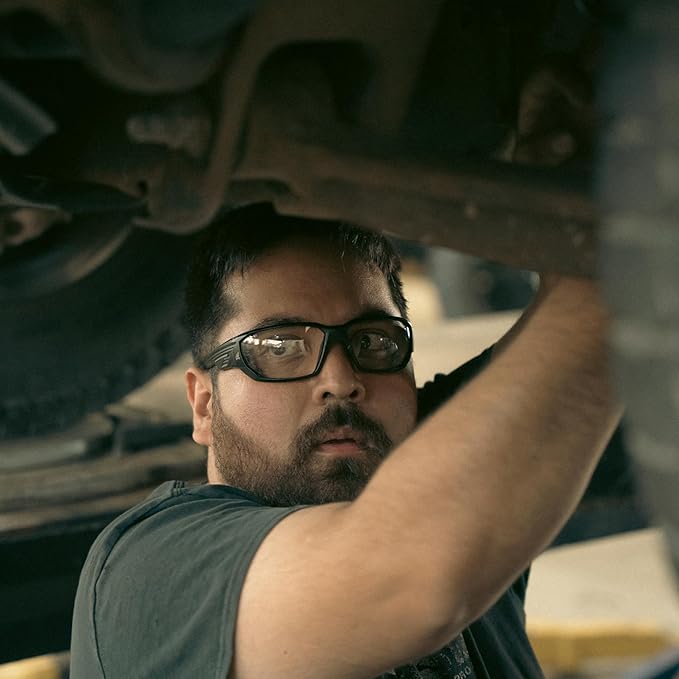Edge Dawson Safety Glasses worn by auto mechanic