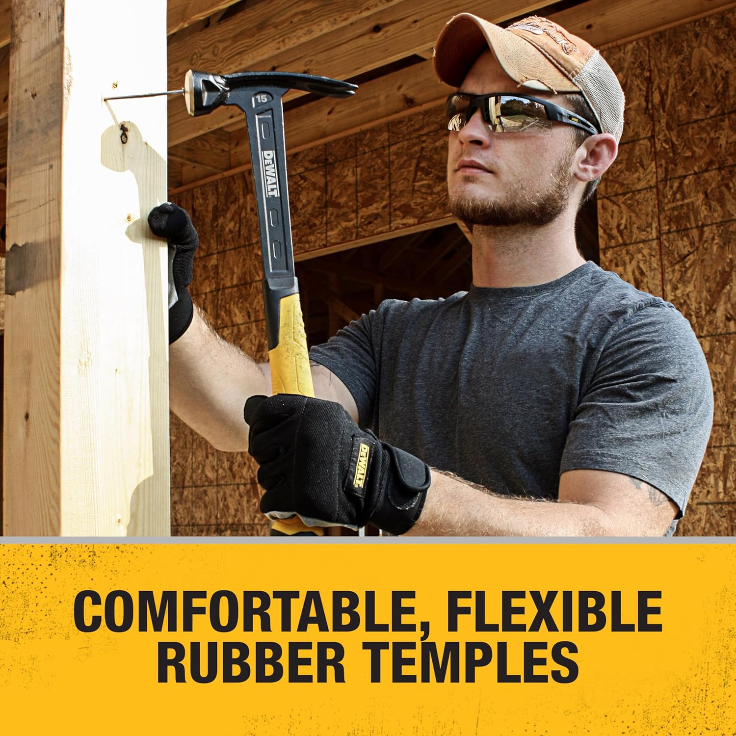 DeWalt Crosscut DPG100-2 Safety Glasses Black Frame with Smoke Lenses worn by construction worker