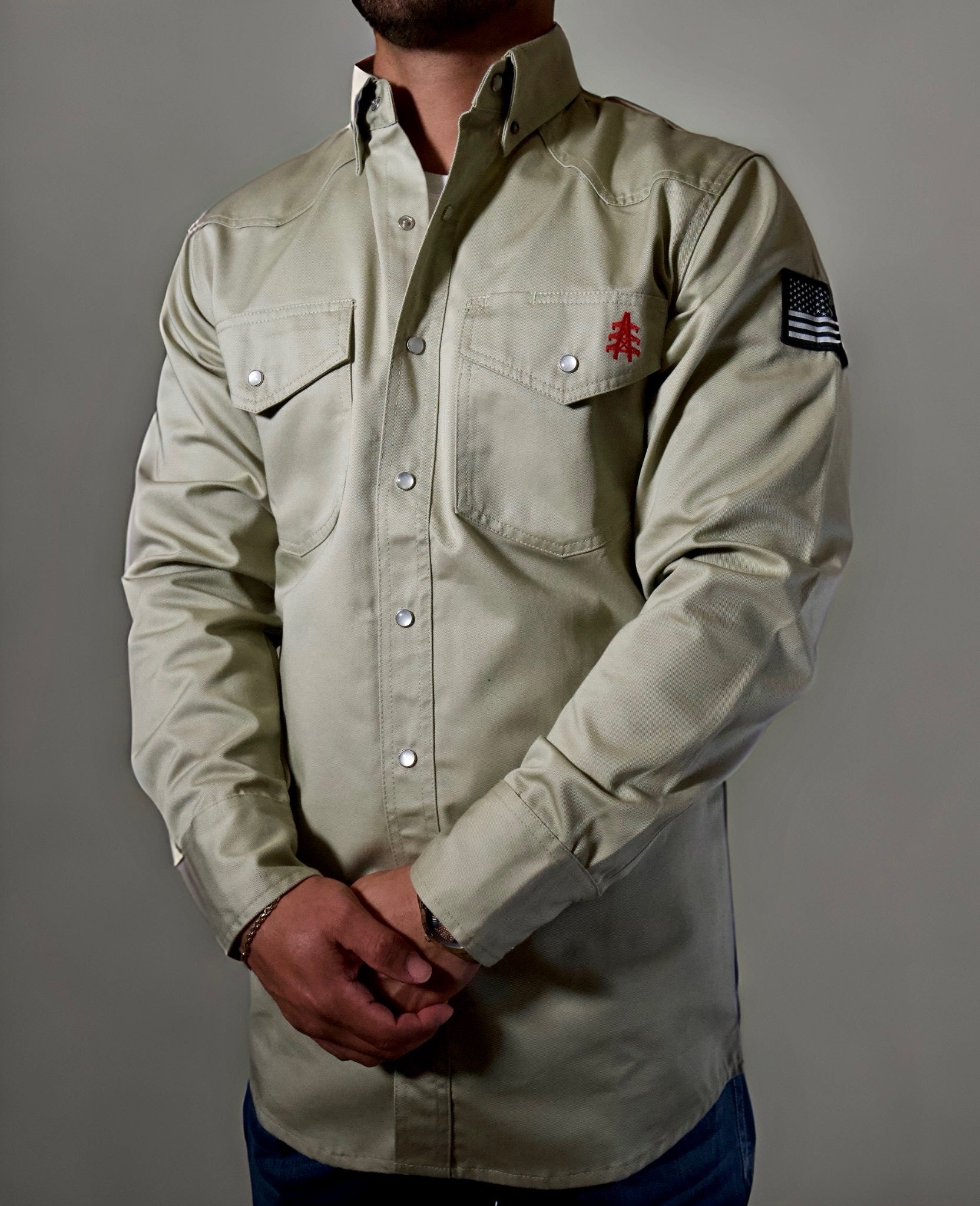 Static FR Flame-Resistant Shirt Western Style Pearl Snap - Khaki
