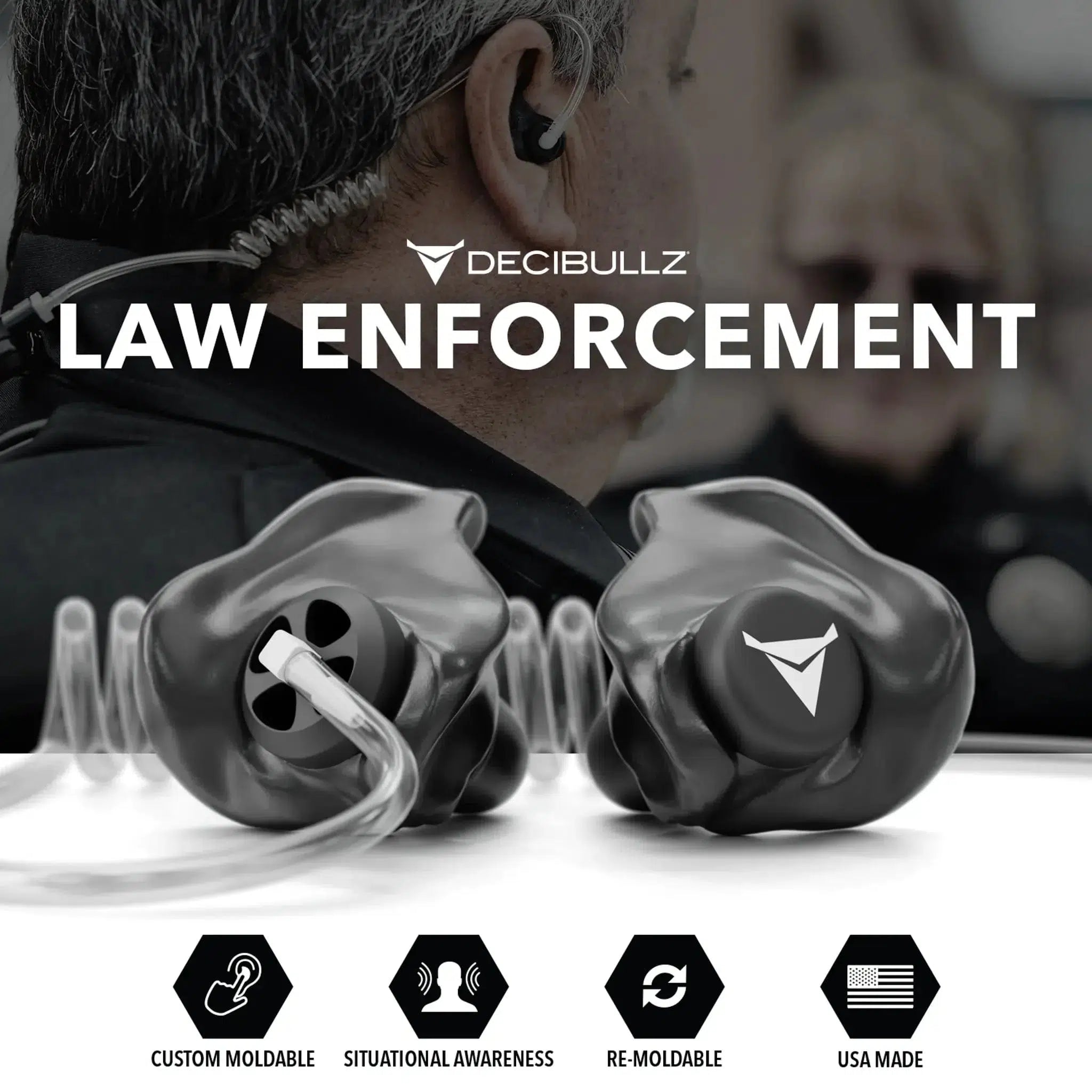 Decibullz Custom Moldable Surveillance Radio Headset Earpieces with Awareness-RTL-RDO-AWA-BLK-Safety Glasses USA-8