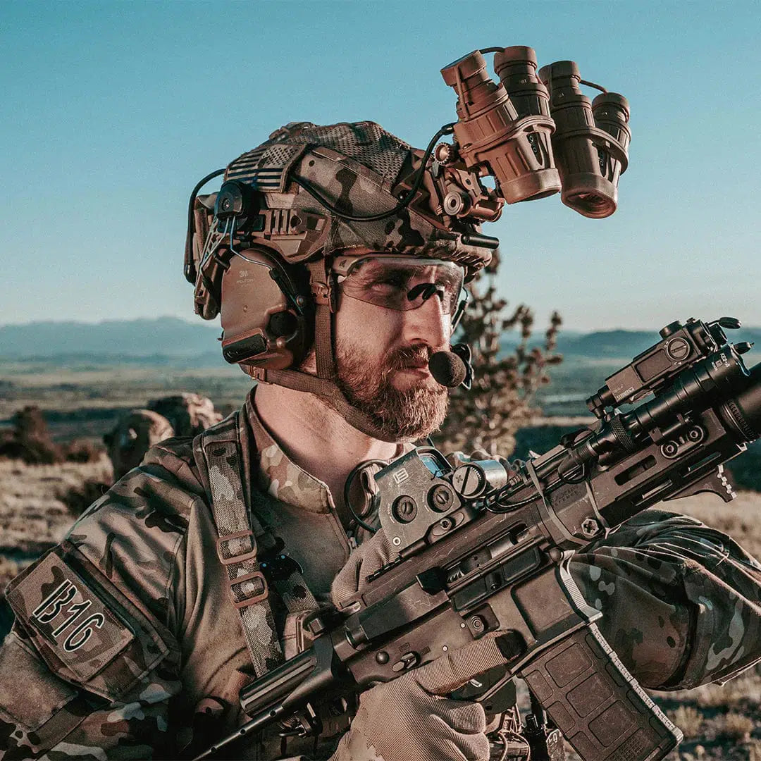 Edge Arc Light Safety Glasses worn in the field with tactical gear