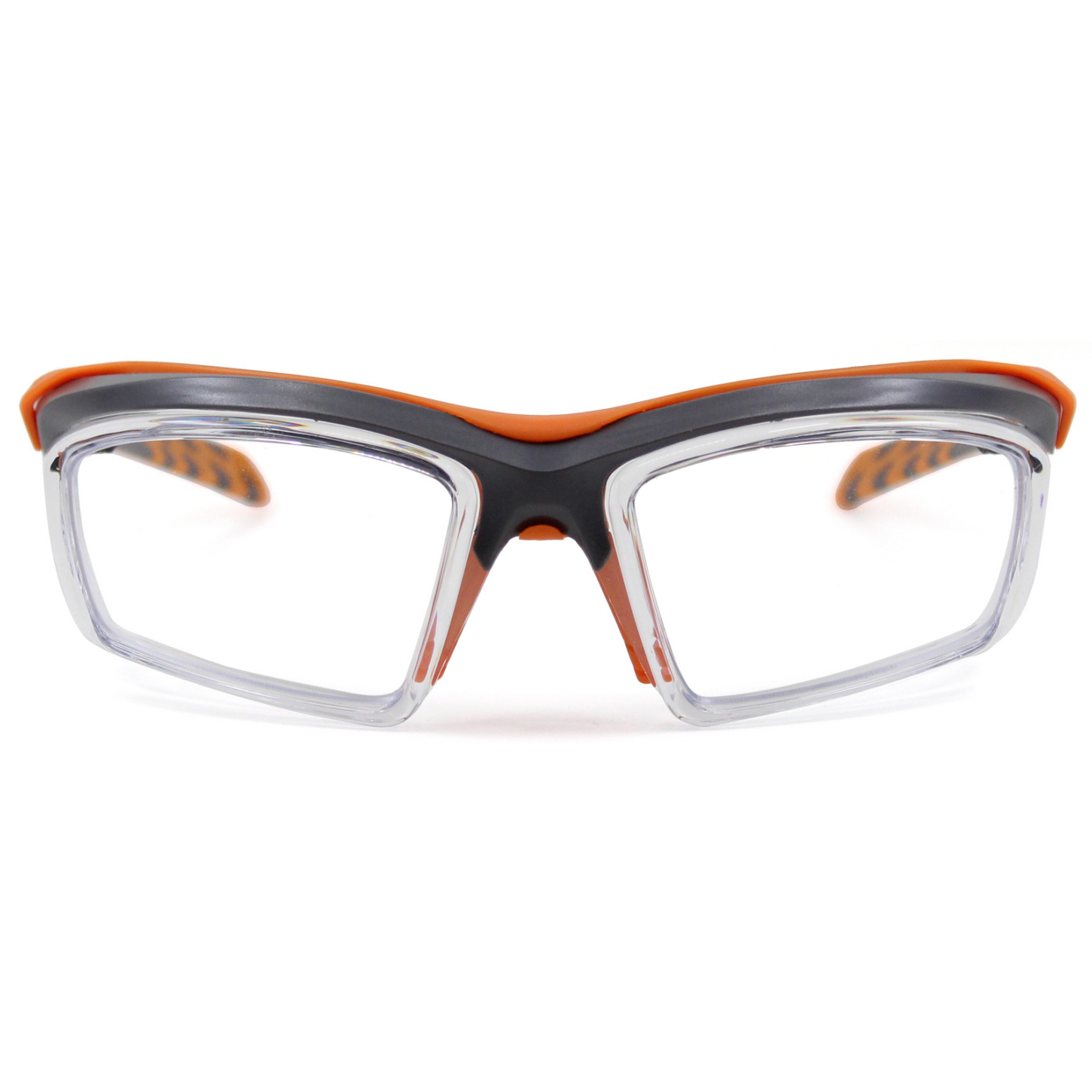 ArmouRx 6008 prescription safety glasses with clear lenses, black and orange plastic wraparound frame.