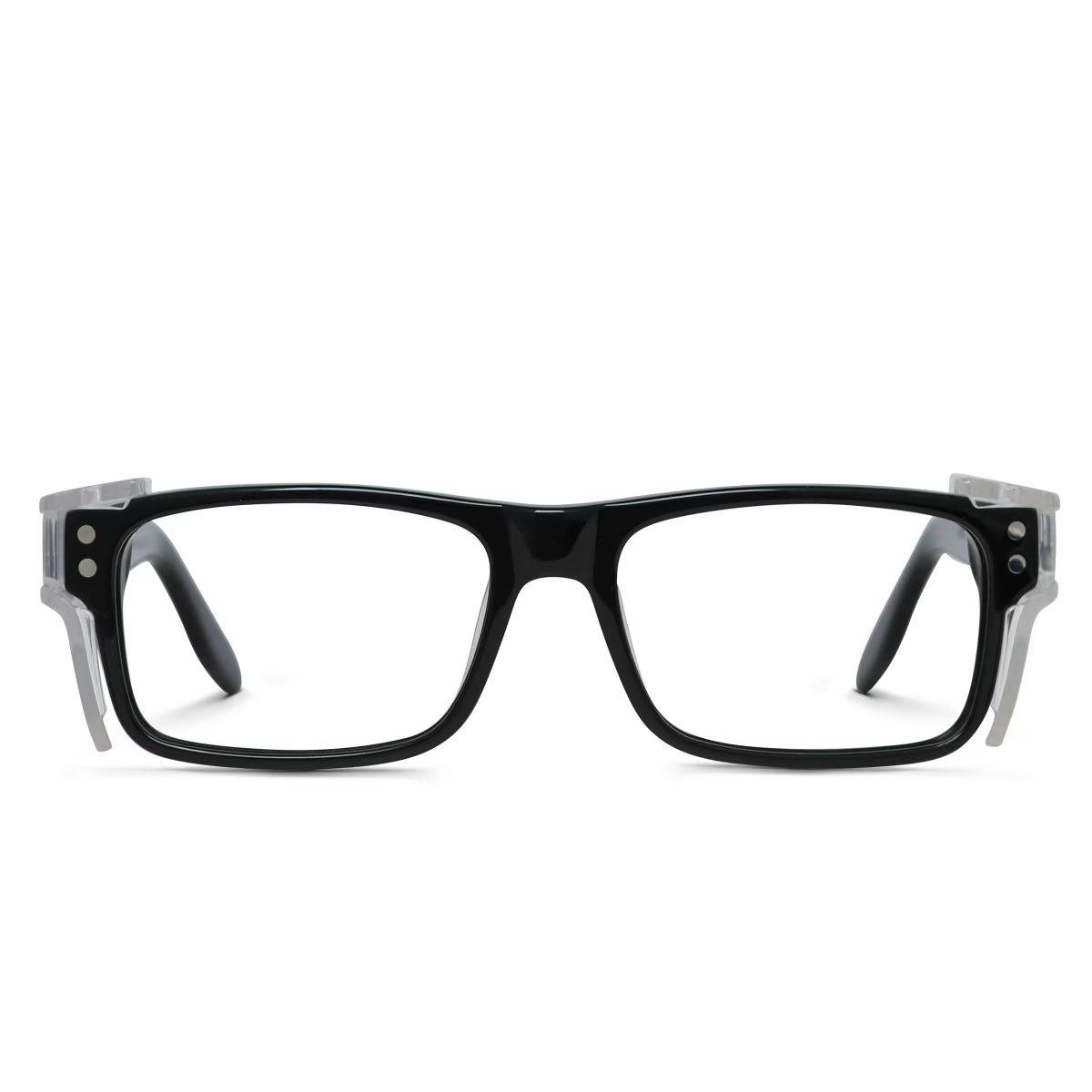 Black ArmouRx 7001 plastic prescription safety glasses with rectangular frames and clear side shields.
