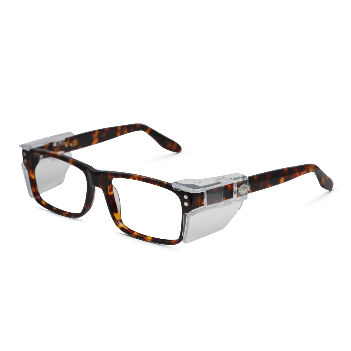 ArmouRx 7001 Demi-Amber Tortoise prescription safety glasses with clear side shields.