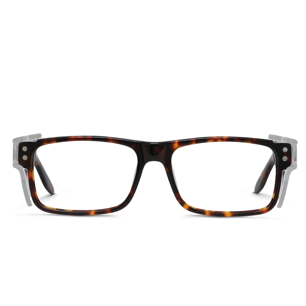 ArmouRx 7001 Demi-Amber Tortoise rectangular prescription safety glasses with clear side shields.
