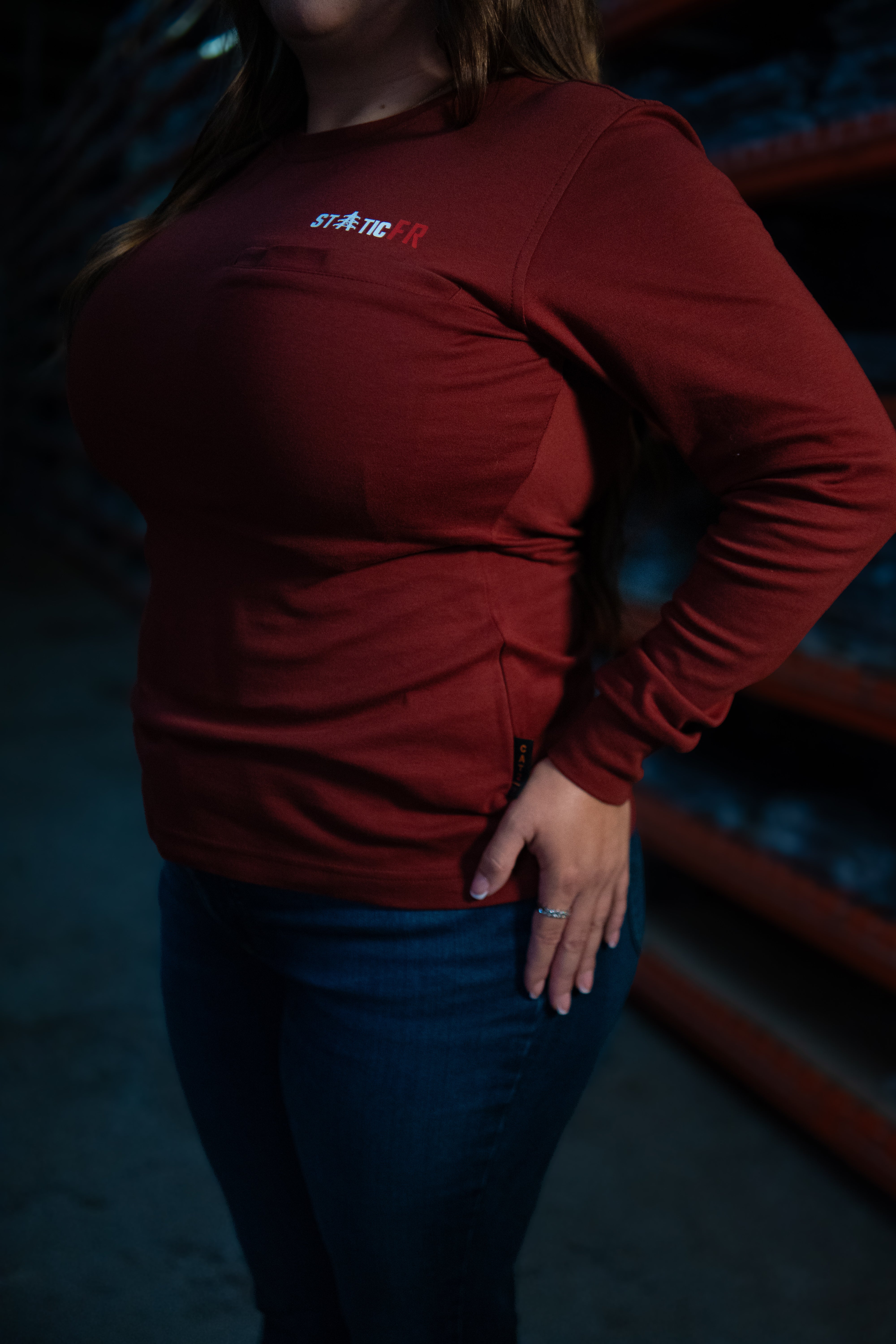 Static FR Women's Flame-Resistant Crew Neck Work Shirt - Wine Red