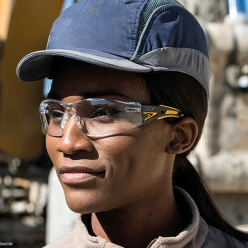 Bolle Rush Plus Small Safety Glasses Black Yellow with Clear Platinum Anti-Fog Lens worn by worker