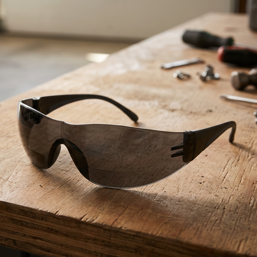 Safety glasses with a dark gray tinted lens and black frame resting on a rustic wooden workbench with tools blurred in the background.