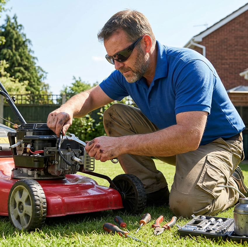 A man in a blue polo shirt and Bouton Zenon Z12R bifocal safety glasses kneels on a green lawn, working on a red lawnmower outdoors. A set of tools lies on the grass beside the mower.