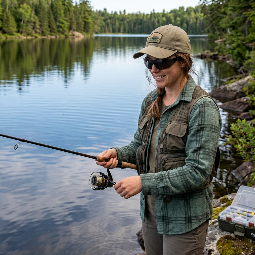 A woman stands by a calm lake holding a fishing rod, wearing a green plaid shirt, a brown fishing vest, a khaki cap, and Bouton Zenon Z12R Bifocal Safety Glasses. A tackle box is visible on the shore next to her.