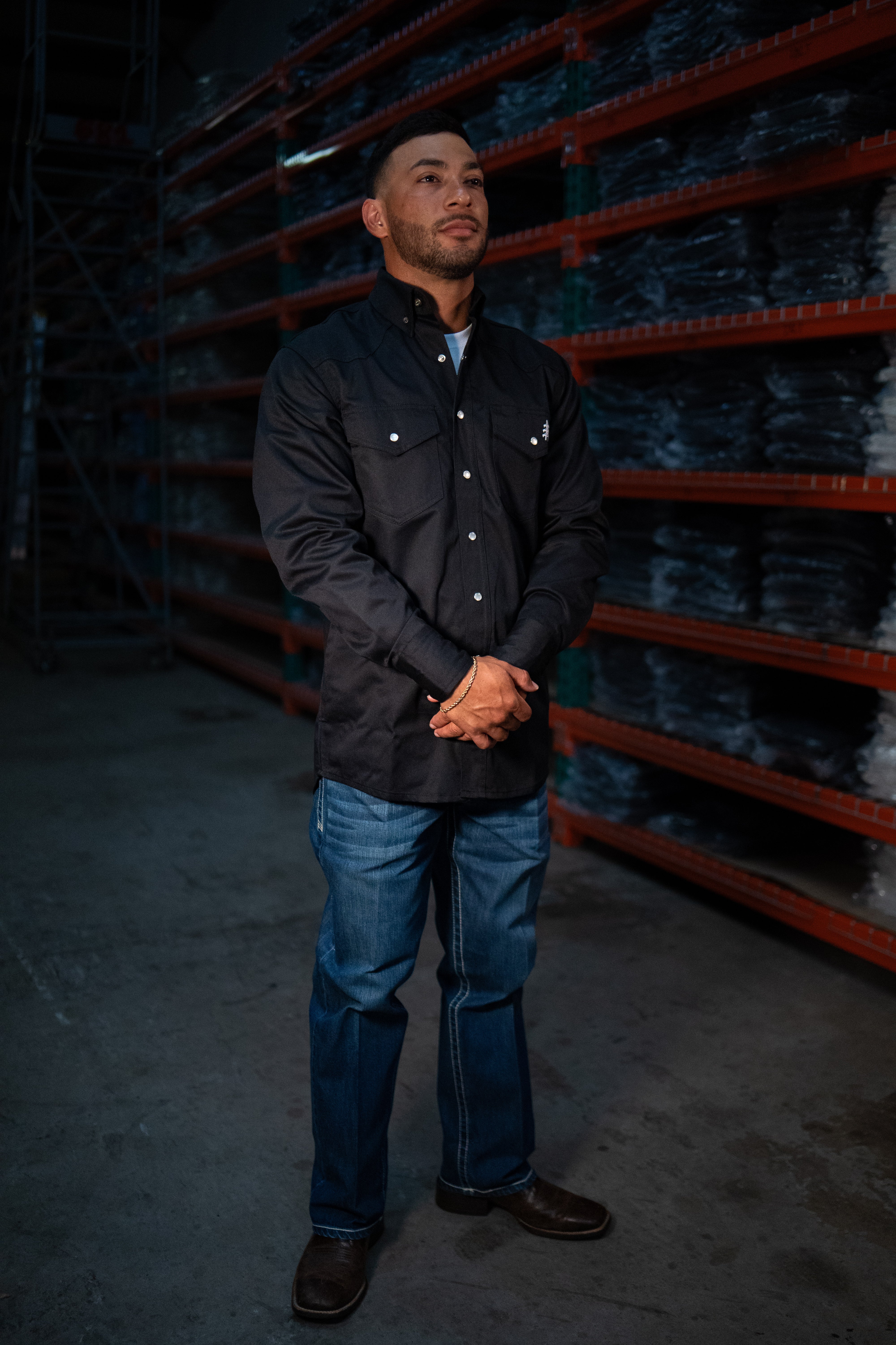 Static FR Flame-Resistant Western Style Pearl Snap Work Shirt - Black