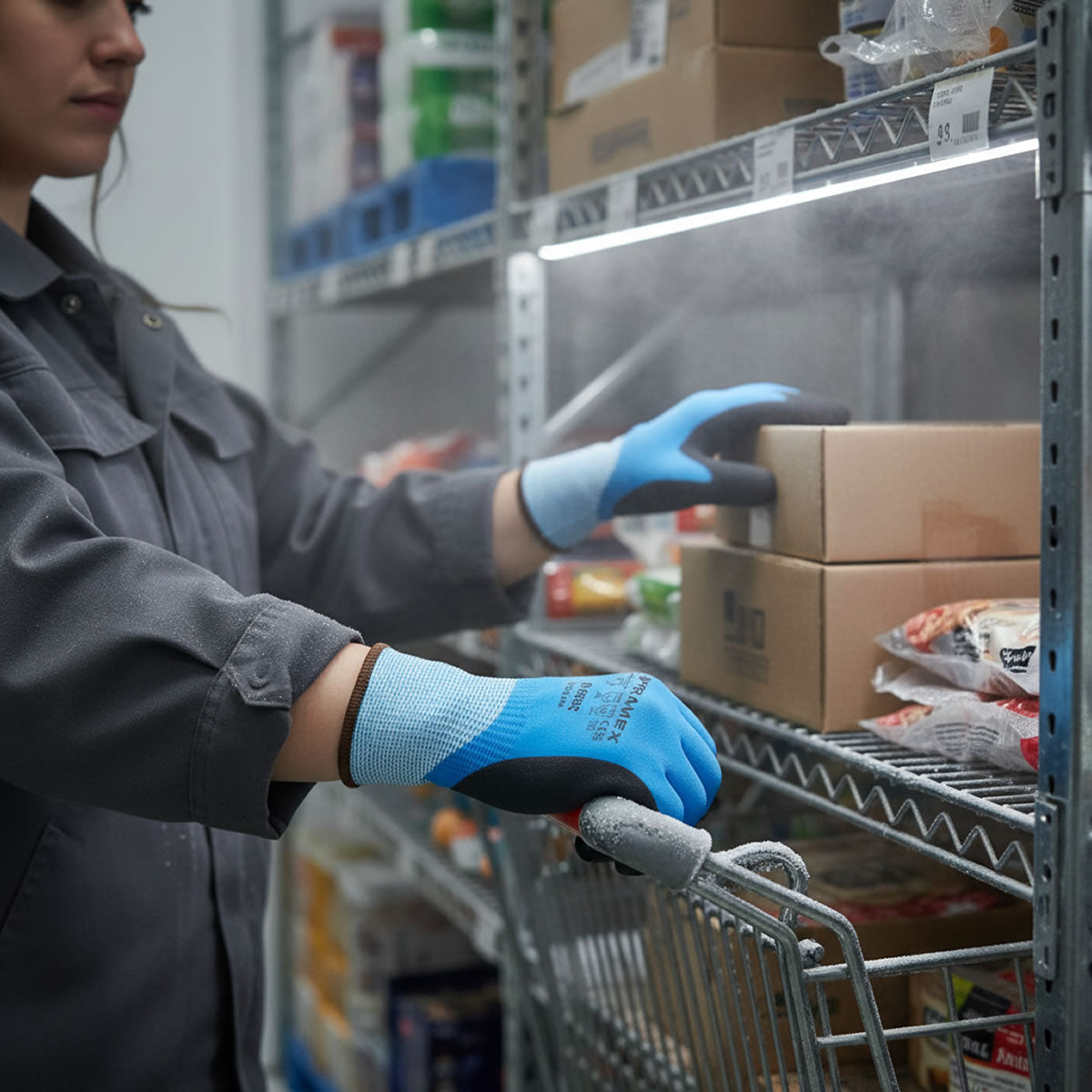 Worker wearing Pyramex GL506C Insulated Cut-Resistant Gloves while handling frozen food.