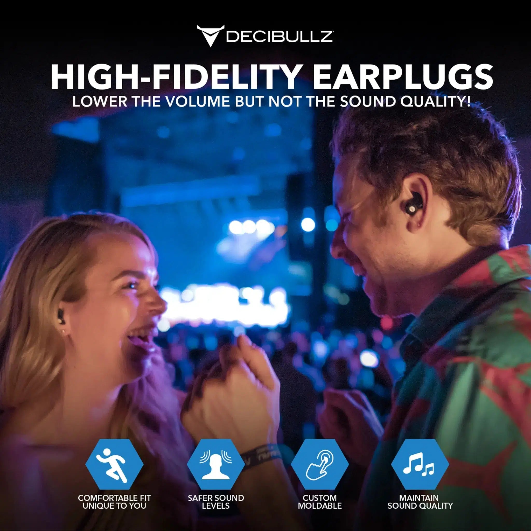Decibullz Custom Molded High-Fidelity Earplugs for Concerts, Musicians, Events, and Noise Sensitivity-FLTR-HFE-BLK-Safety Glasses USA-6