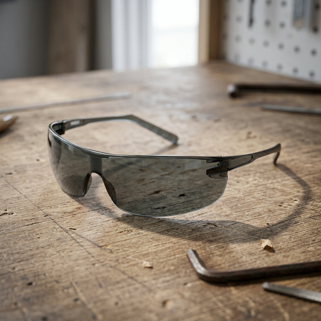 A pair of wraparound safety glasses with a translucent dark gray frame and matching gray-tinted lenses, shown on a plain white background.