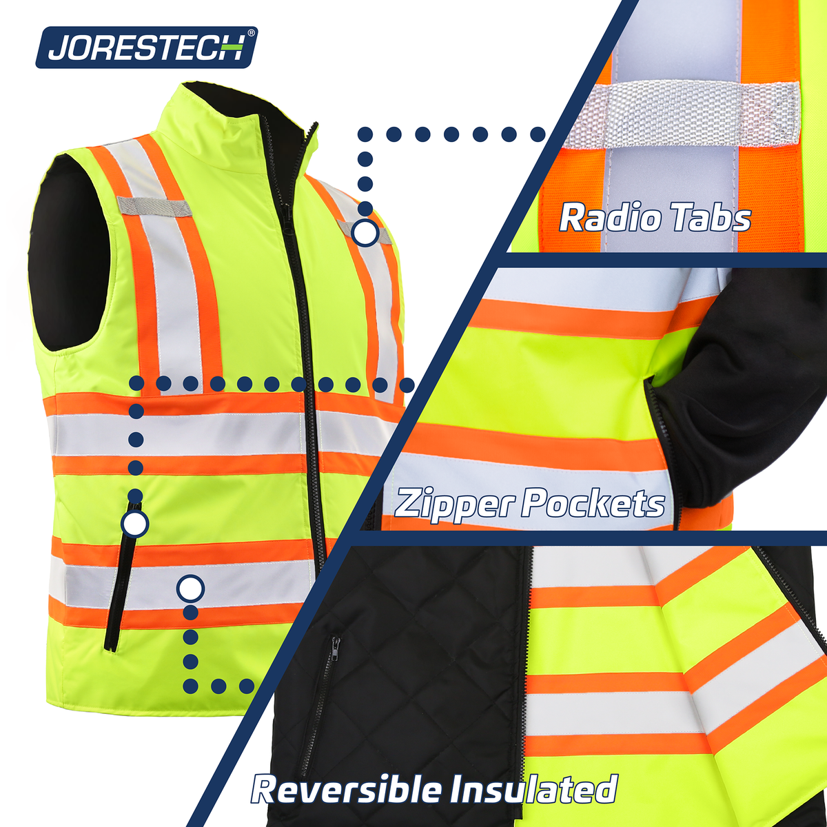 Jorestech Hi-Vis Yellow/Black Reversible Insulated Safety Vest with Reflective Strips