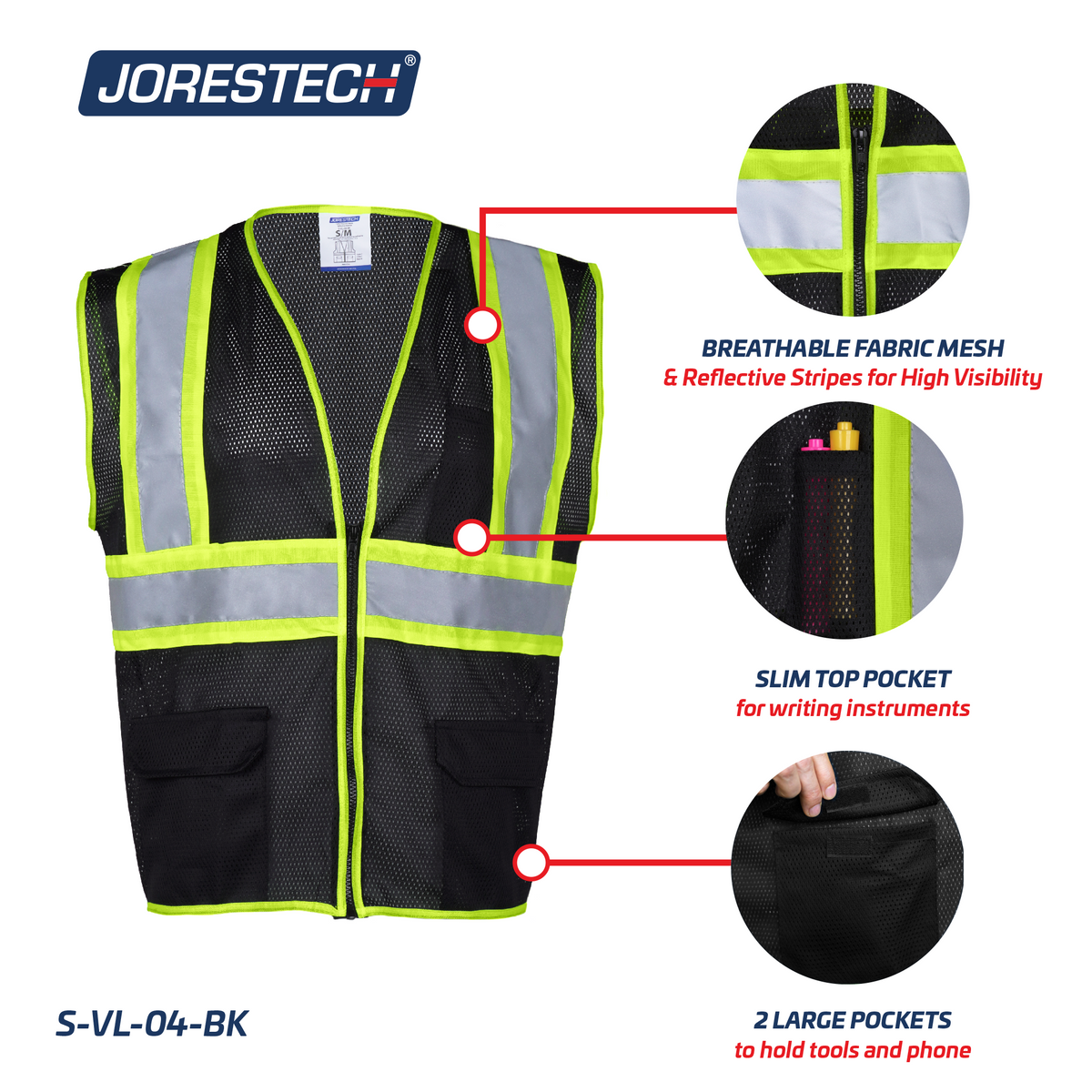 Jorestech Hi-Vis Two-Toned Mesh Safety Vest with 2” Reflective Strips and Pockets