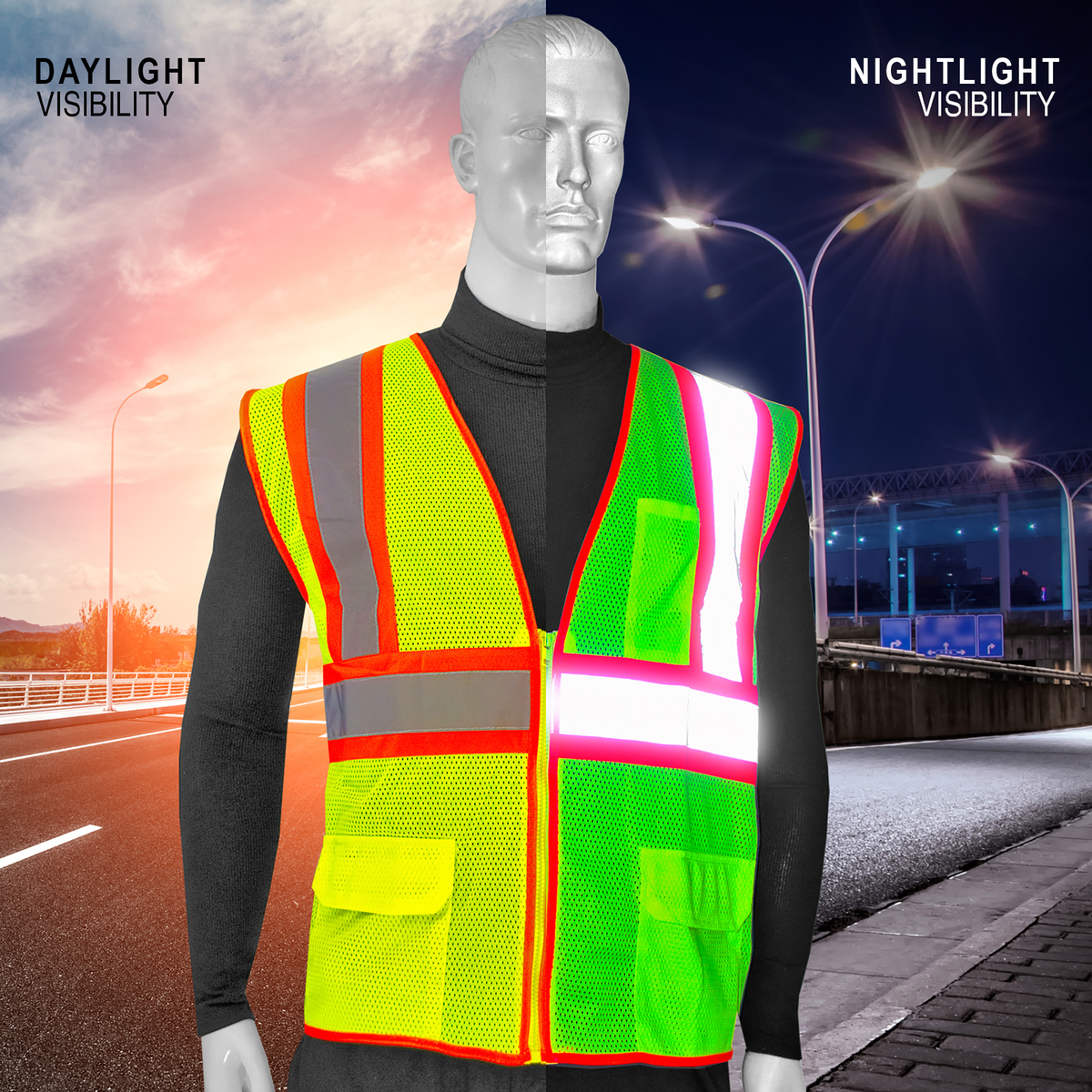 Jorestech Hi-Vis Two-Toned Mesh Safety Vest with 2” Reflective Strips and Pockets