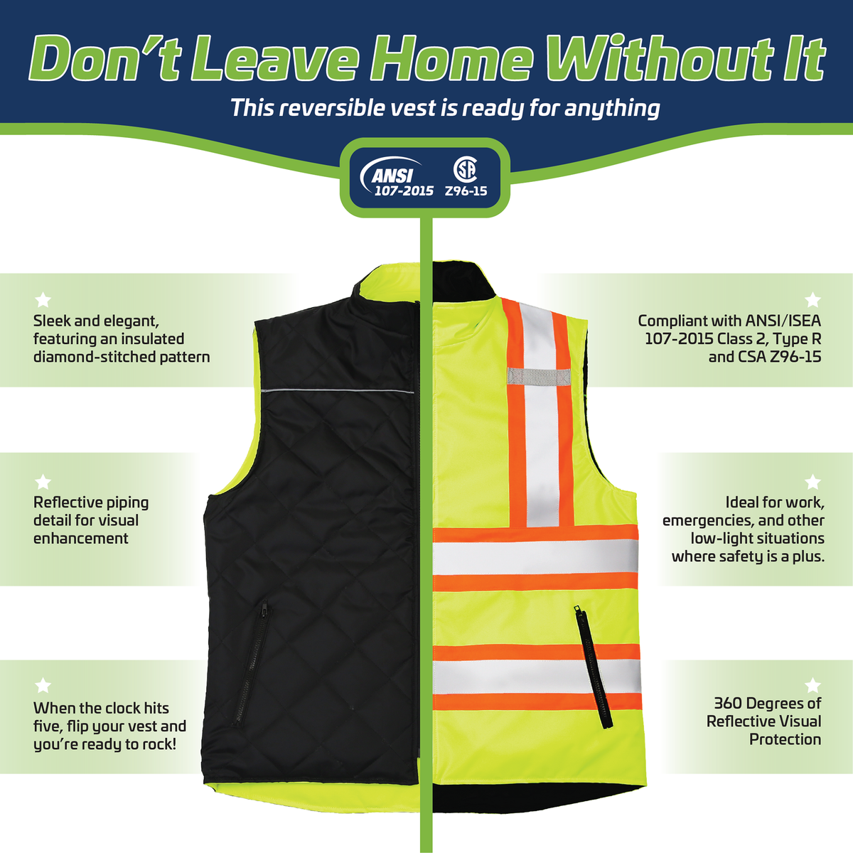 Jorestech Hi-Vis X-Back Reversible Insulated Safety Vest with Reflective Strips