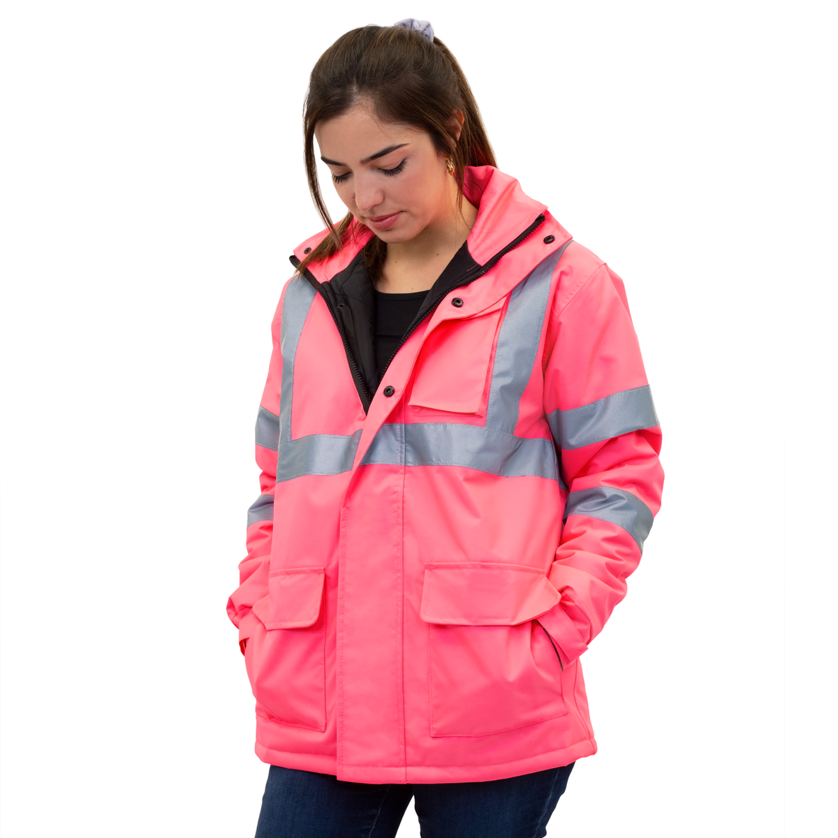 Jorestech Womens Hi-Vis Pink Safety Jacket with Reflective Stripes