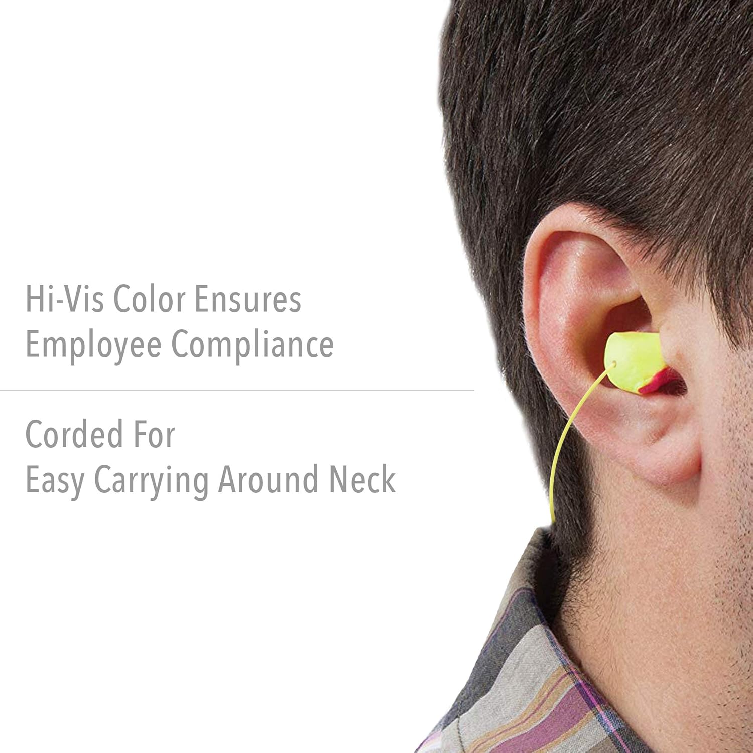 Honeywell Laser Lite High Visibility Corded Foam Earplugs inserted into ear canal