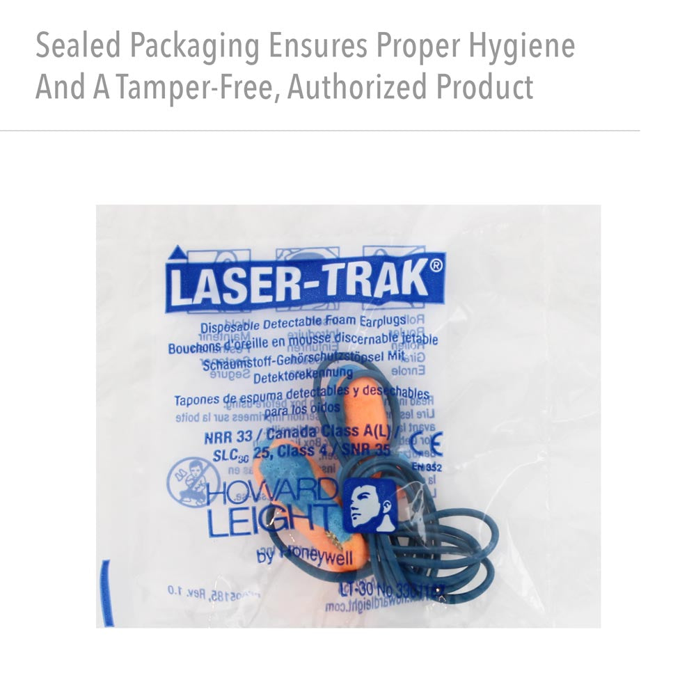 Howard Leight Laser Trak LT-30 Corded Metal Detectable Earplugs Packaging