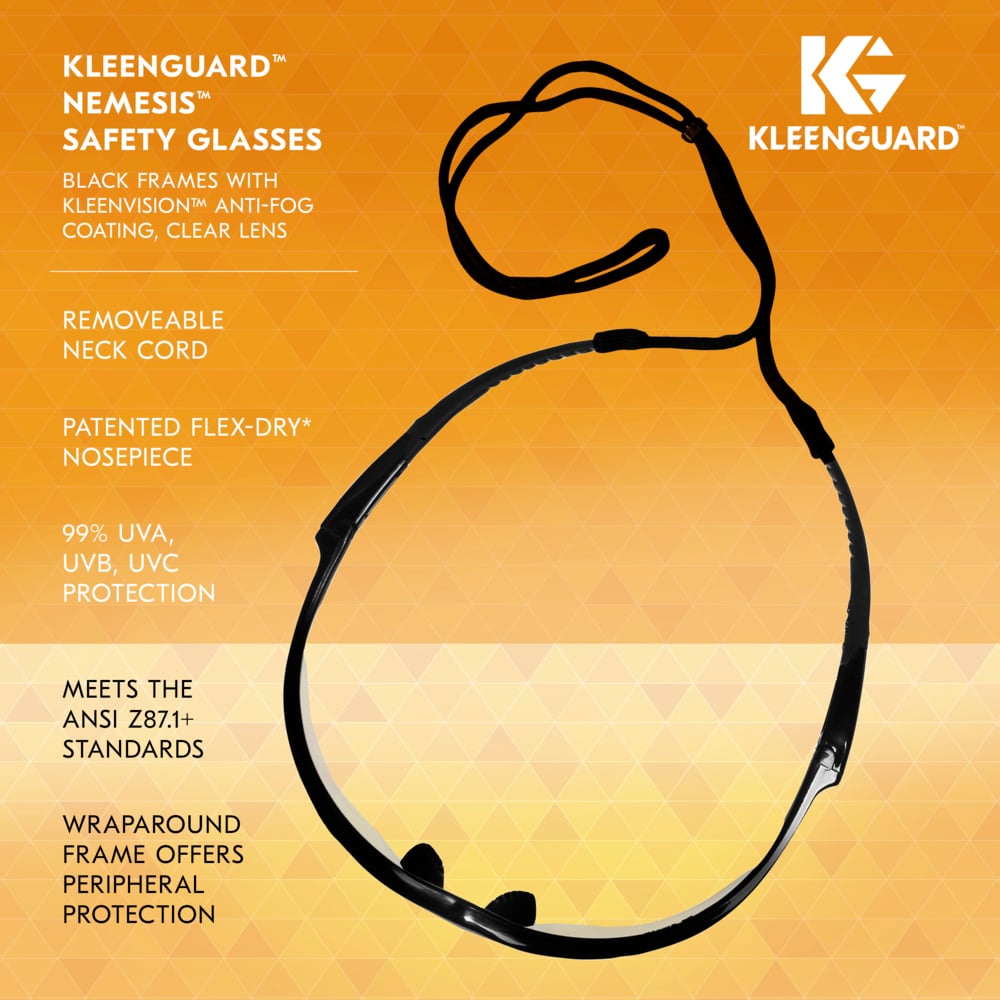 KleenGuard Nemesis Safety Glasses 25679 with Clear Anti-Fog Lenses Key Features List
