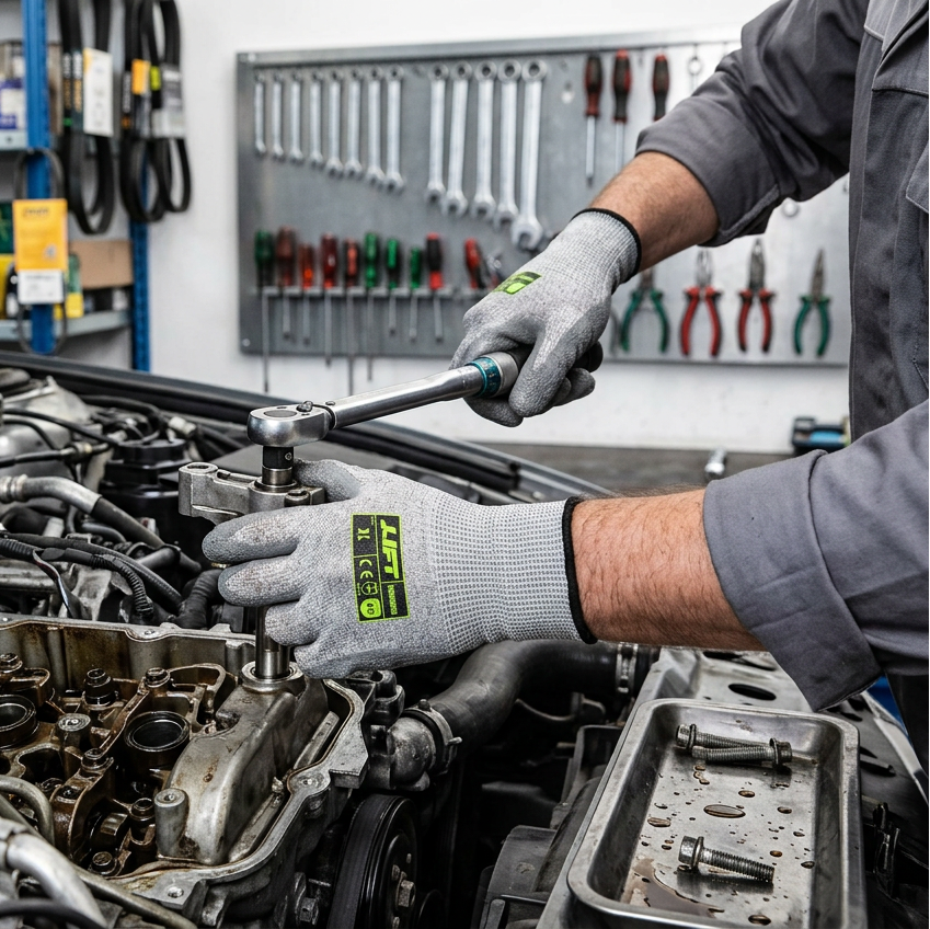 Mechanic wearing LIFT Safety FiberWire A5 Cut Resistant Gloves while working on an engine