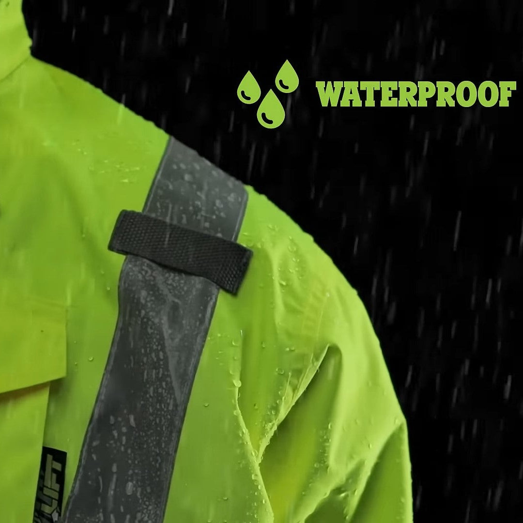 Close-up of a high-visibility neon yellow-green waterproof jacket with a reflective gray stripe, shown in the rain with a 'WATERPROOF' graphic overlay.