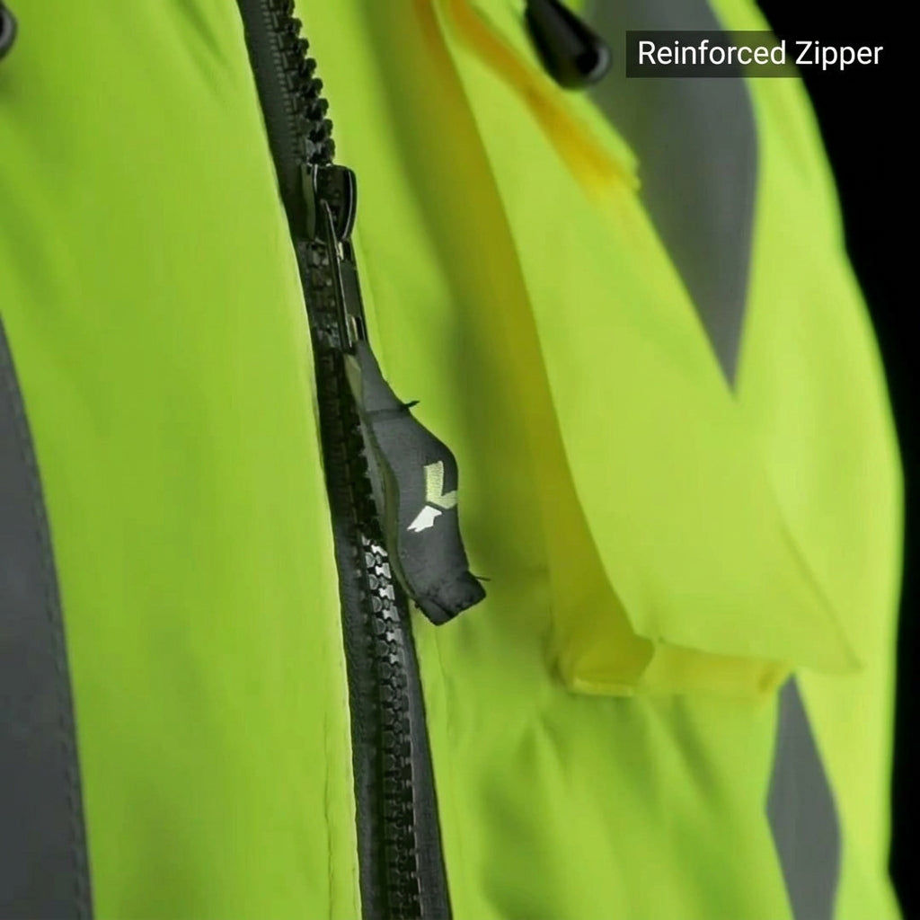 Close-up of a high-visibility neon yellow-green jacket with a black reinforced zipper and a yellow pull tab, shown against a black background with a 'REINFORCED ZIPPER' graphic in the top right.