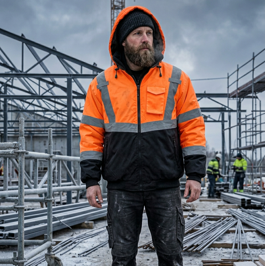 A bearded man wearing a high-visibility orange and black work jacket with reflective silver stripes, standing on a construction site under a cloudy sky.