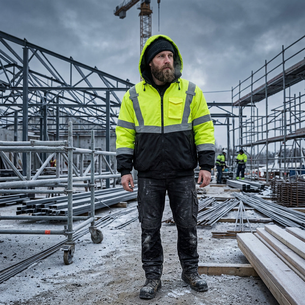 Construction worker wearing Lift Safety Hi-Viz Yellow Bomber Jacket on a cold construction site.