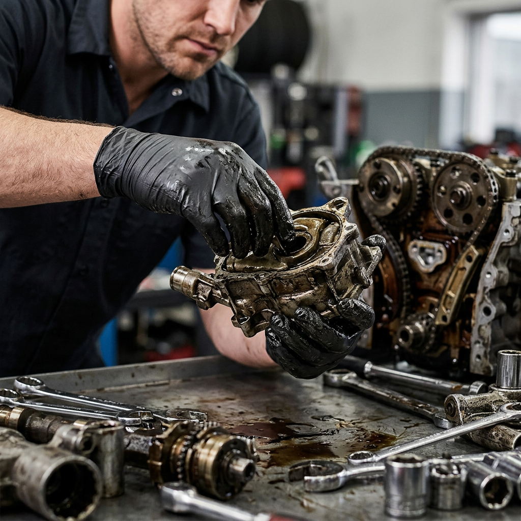 Mechanic wearing Lift Safety Ni-Flex 5-Mil Disposable Nitrile Gloves while disassembling an engine on a metal workbench