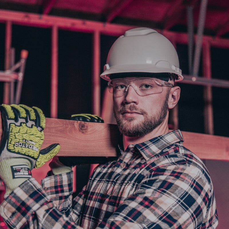 MCR Safety BK3 Safety Glasses with Clear Lenses worn by a construction worker wearing a hard hat