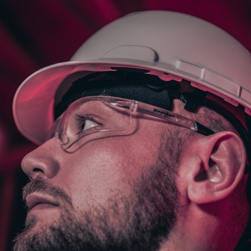 MCR Safety BK3 Safety Glasses with Clear Lenses worn by construction worker left temple view