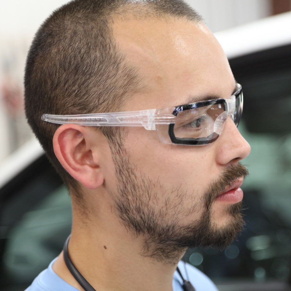 MCR Safety HK3 Safety Glasses with Foam-Lined Clear Frame and Clear MAX6 Anti-Fog Lens worn in a factory