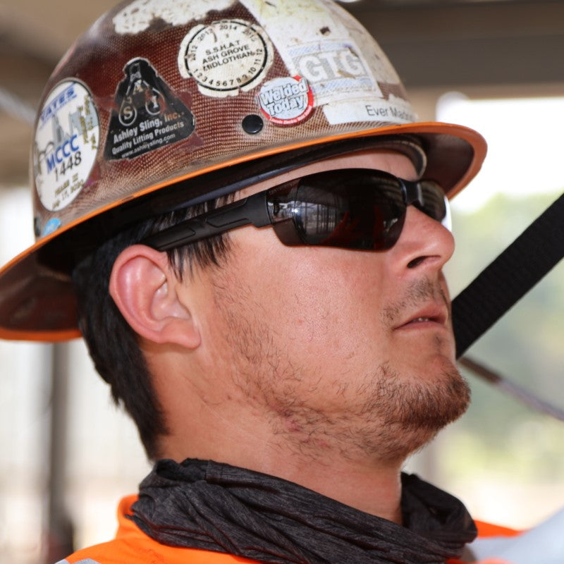 MCR Safety Hulk HK2 HK212PF Safety Glasses with Gray Anti-Fog Lenses worn with a hard hat