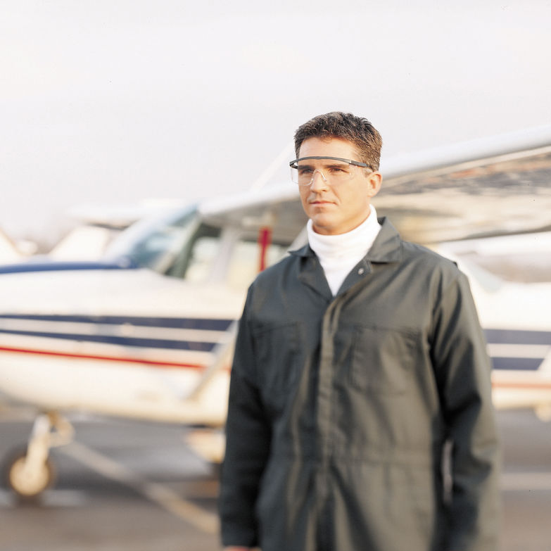 MCR Safety SS1 Safety Glasses SS110 Black Frame with Clear Lens worn on the flight line
